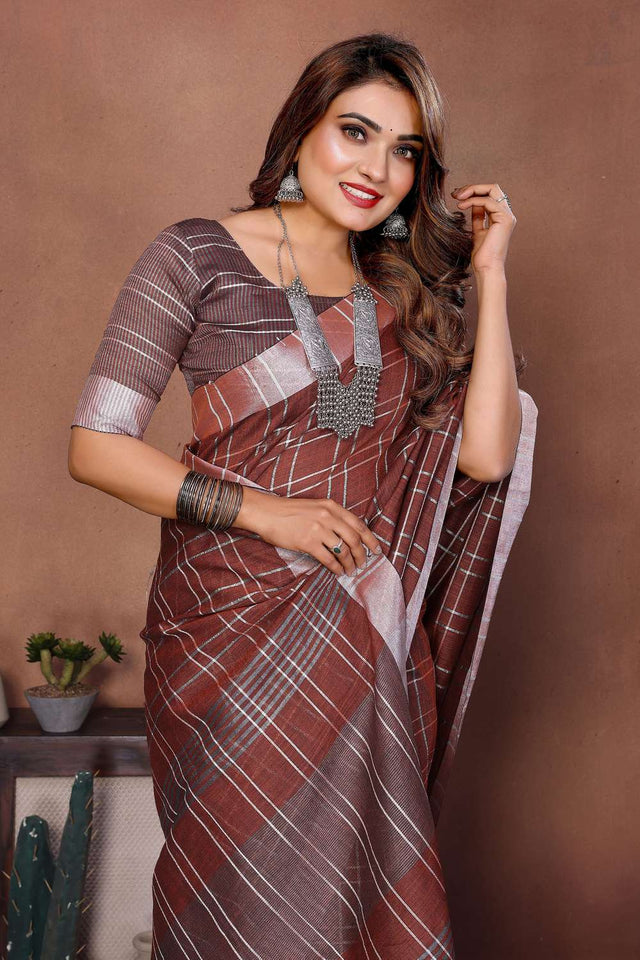 Brown Woven Linen Saree