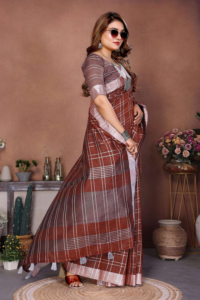 Brown Woven Linen Saree