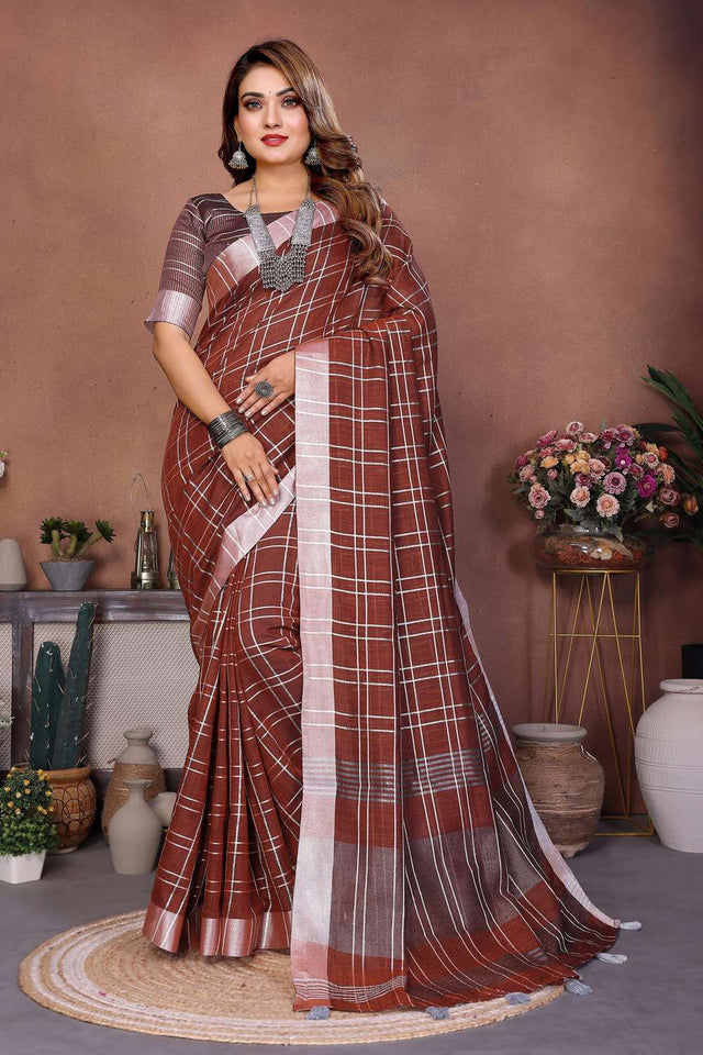 Brown Woven Linen Saree