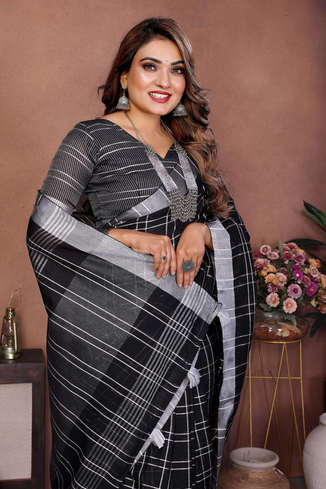 Black Woven Linen Saree