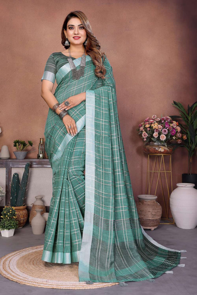 Green Woven Linen Saree