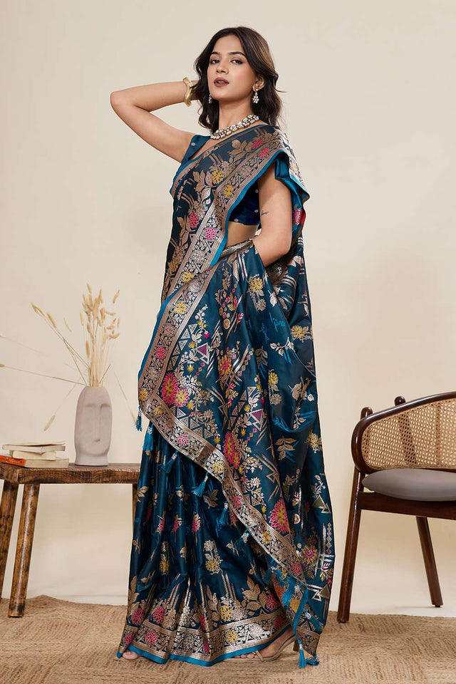 Turquoise Woven Satin Saree