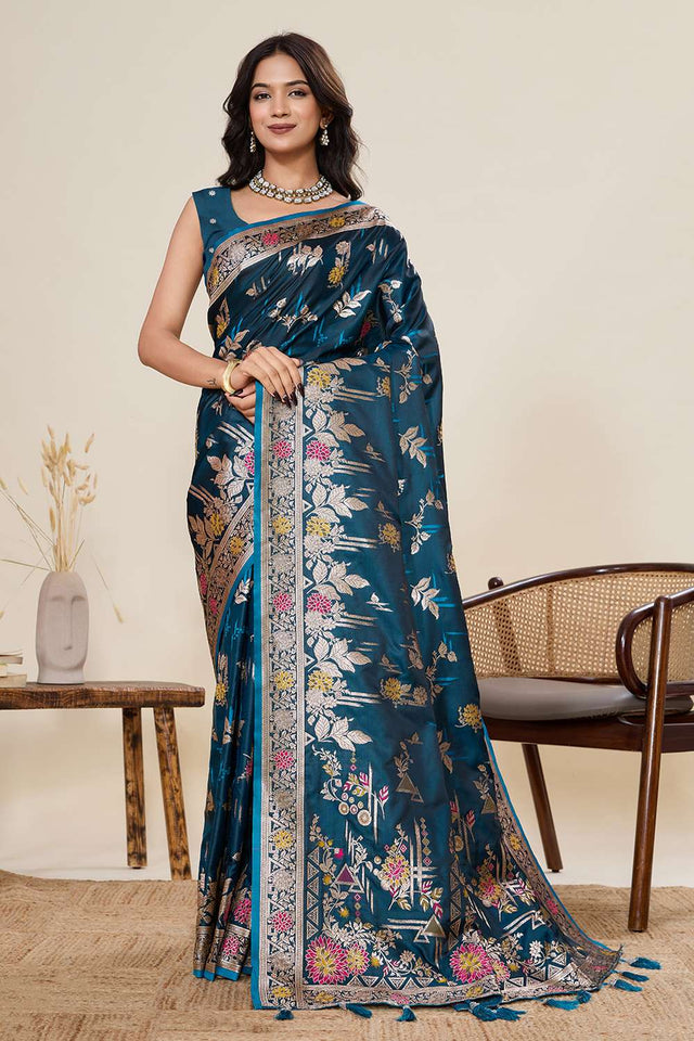 Turquoise Woven Satin Saree