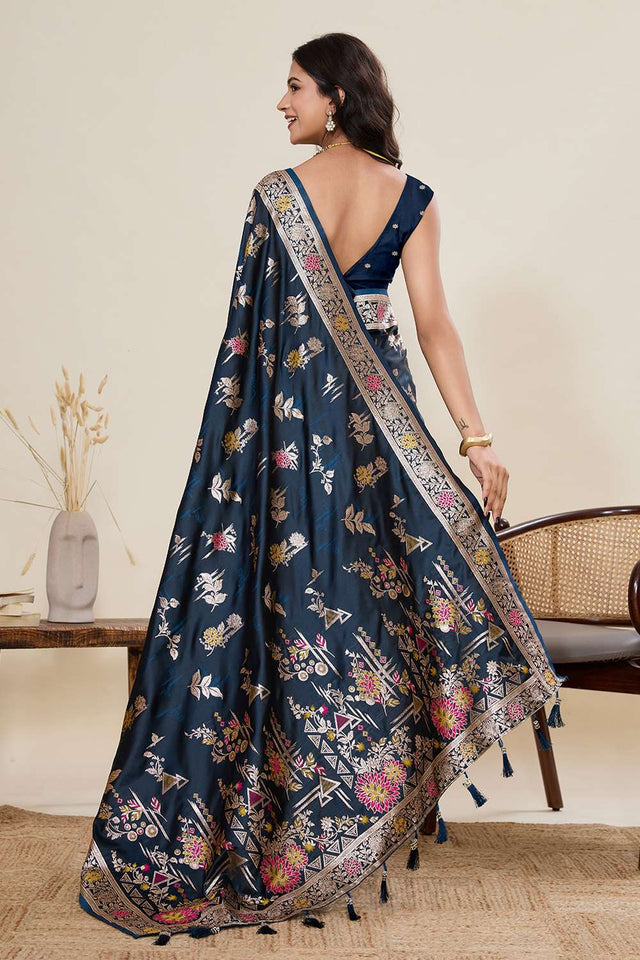 Blue Woven Satin Saree