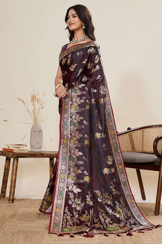 Wine Woven Satin Saree
