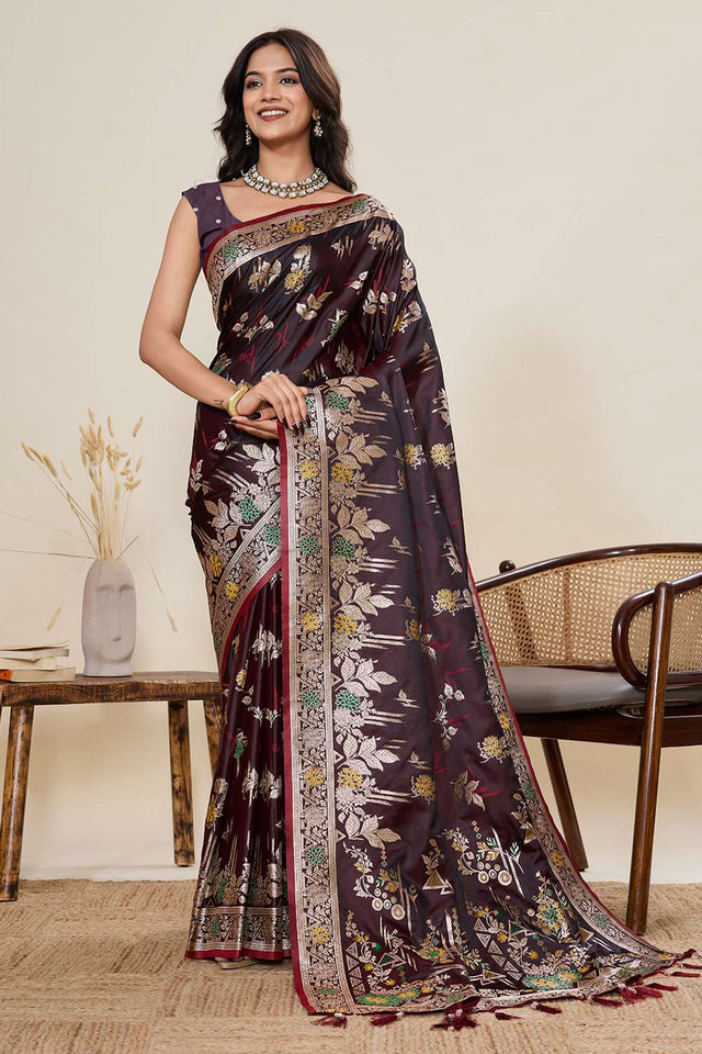 Wine Woven Satin Saree