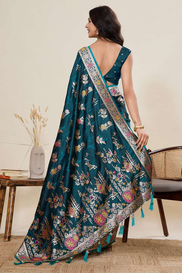 Turquoise Woven Satin Saree