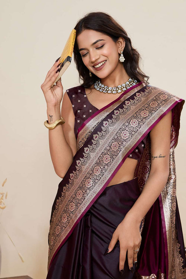 Wine Woven Satin Saree
