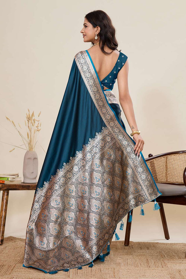 Turquoise Woven Satin Saree