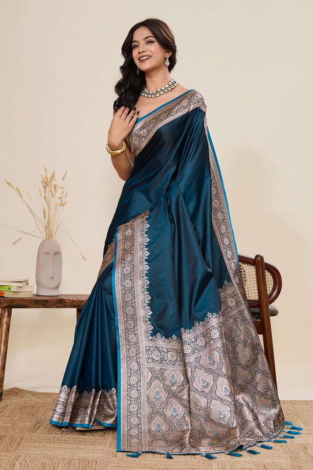 Turquoise Woven Satin Saree