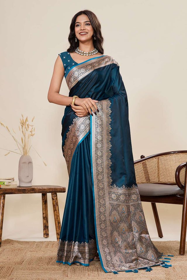 Turquoise Woven Satin Saree
