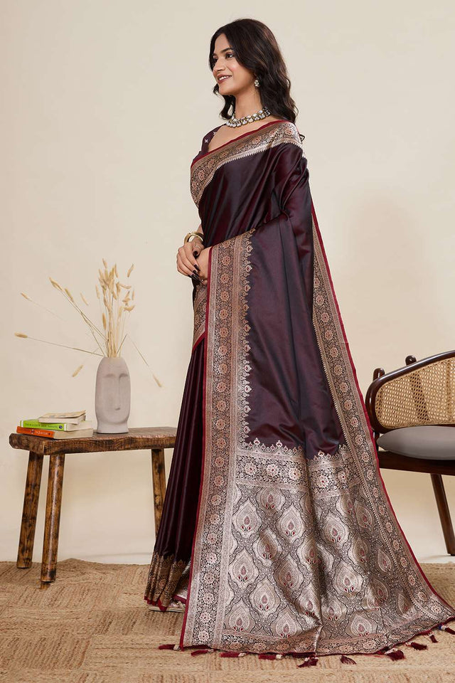 Brown Woven Satin Saree