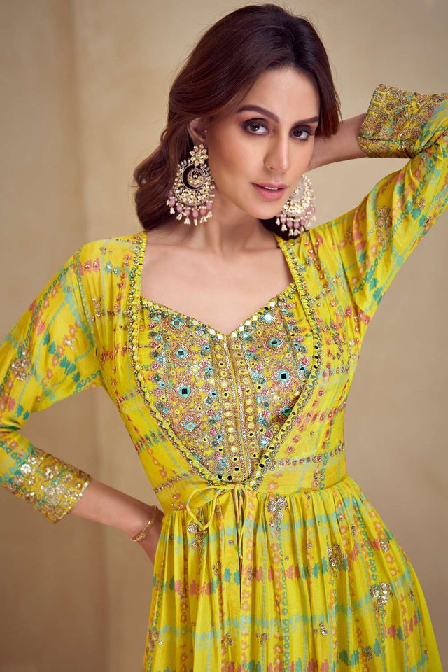 Yellow Chinon Sequin with Printed Co-Ord Set