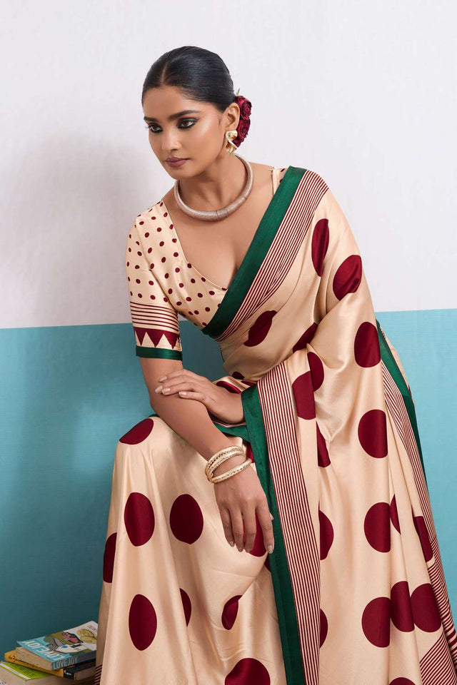 Maroon Printed Satin Saree