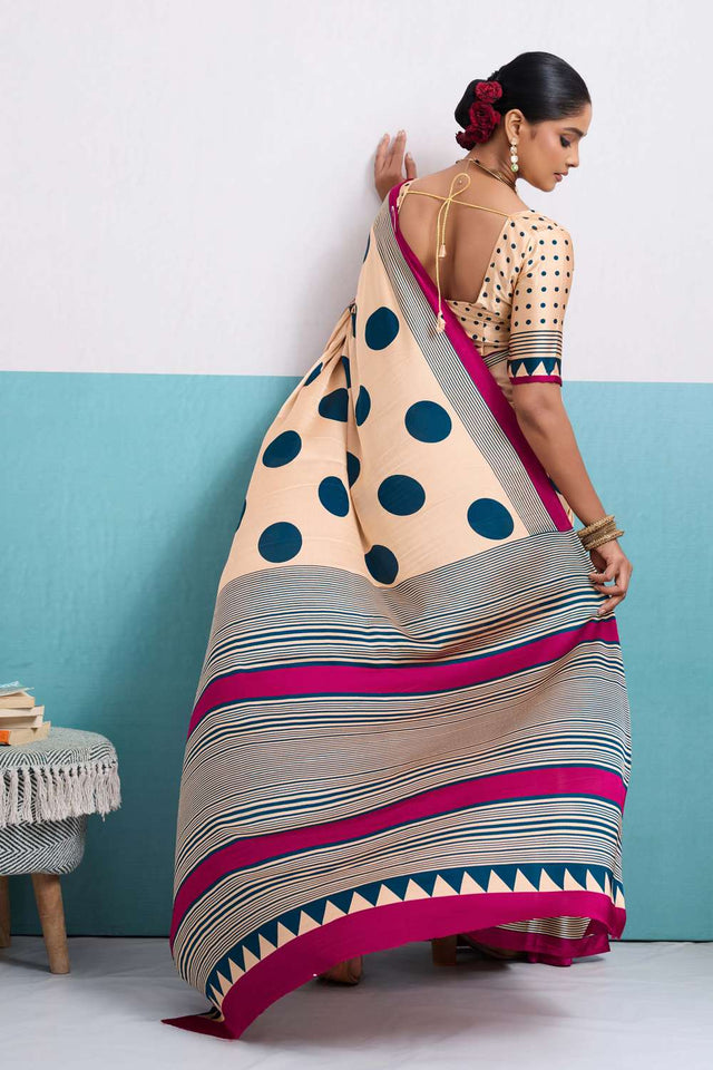 Turquoise Printed Satin Saree