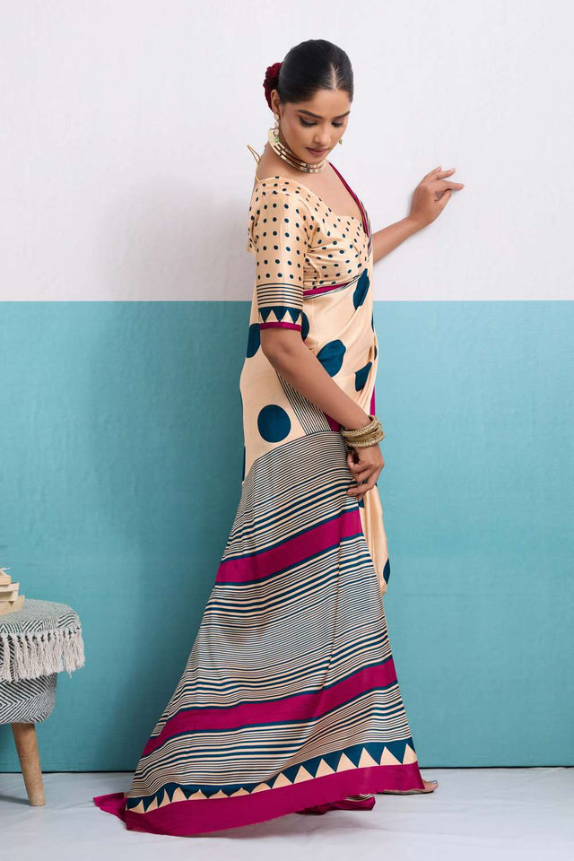 Turquoise Printed Satin Saree