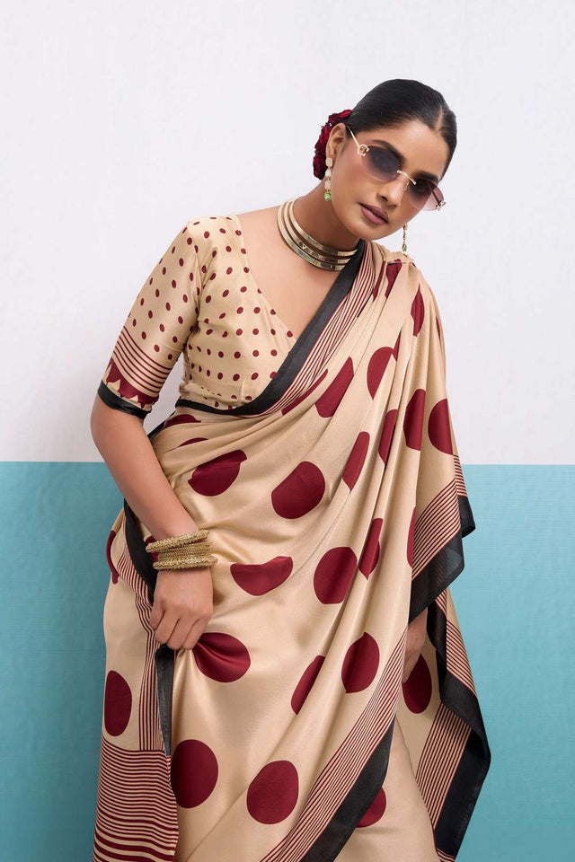 Wine Printed Satin Saree