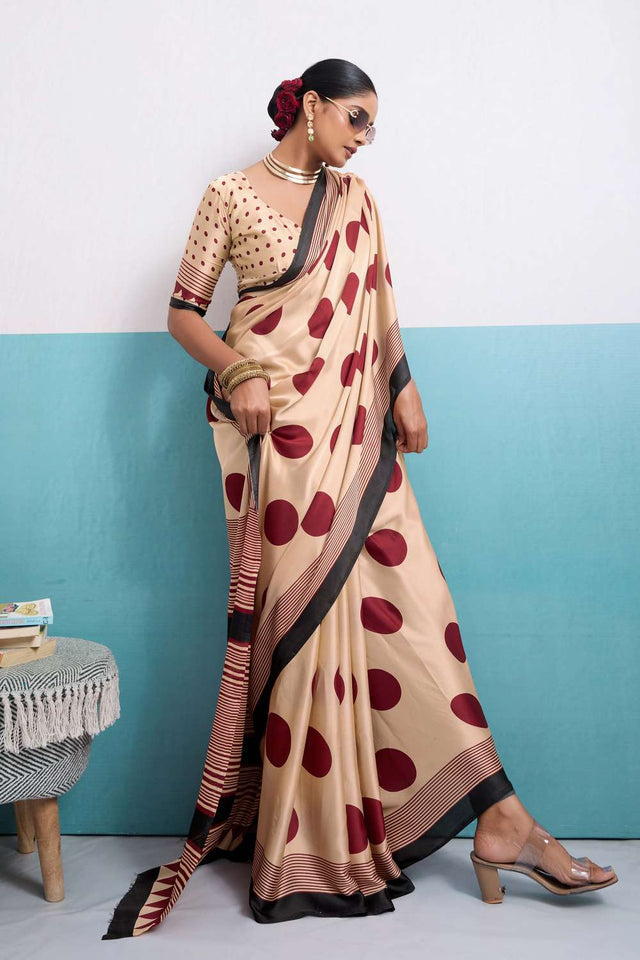 Wine Printed Satin Saree