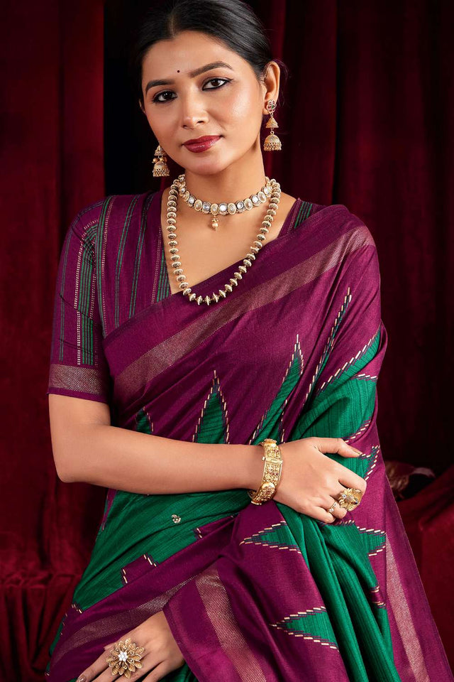 Dark Pink Zig Zag Printed Silk Saree