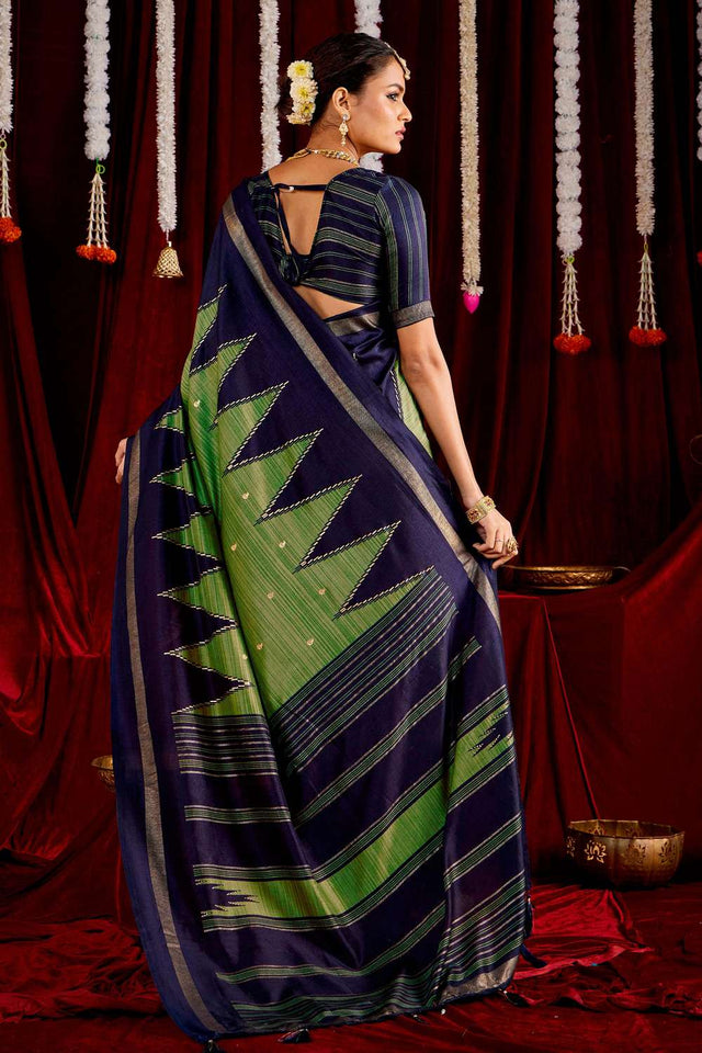 Olive Green Zig Zag Printed Silk Saree