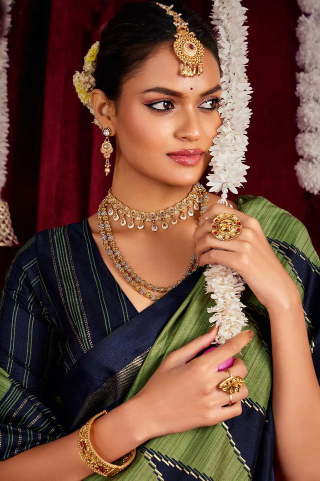 Olive Green Zig Zag Printed Silk Saree