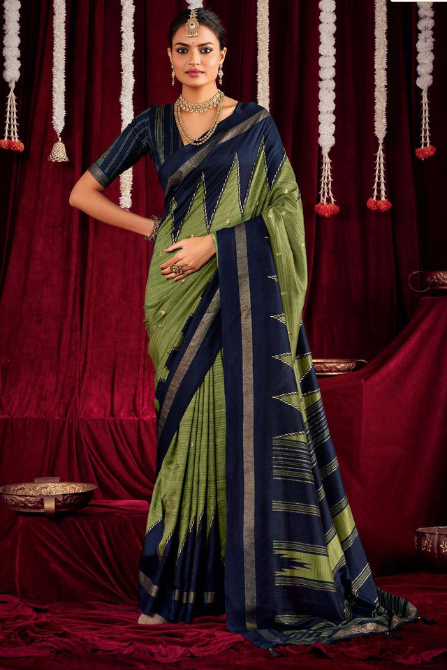 Olive Green Zig Zag Printed Silk Saree