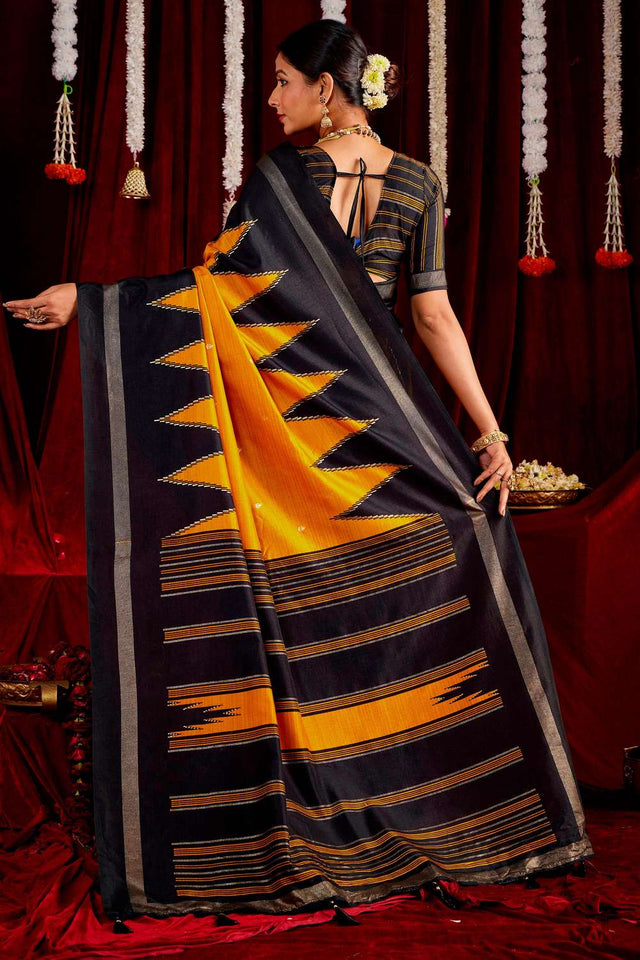 Yellow Zig Zag Printed Silk Saree