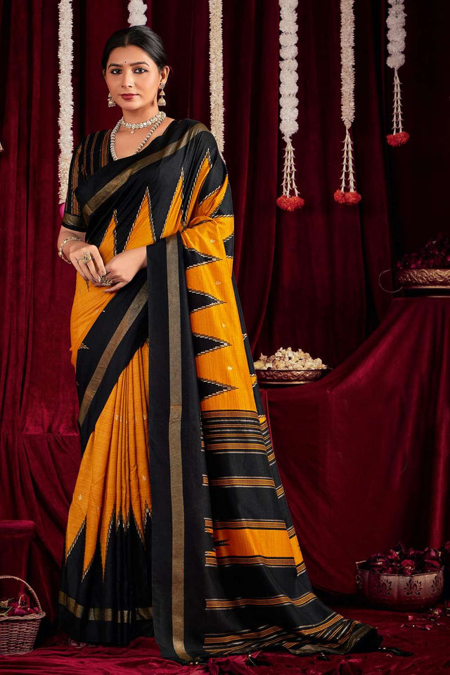 Yellow Zig Zag Printed Silk Saree