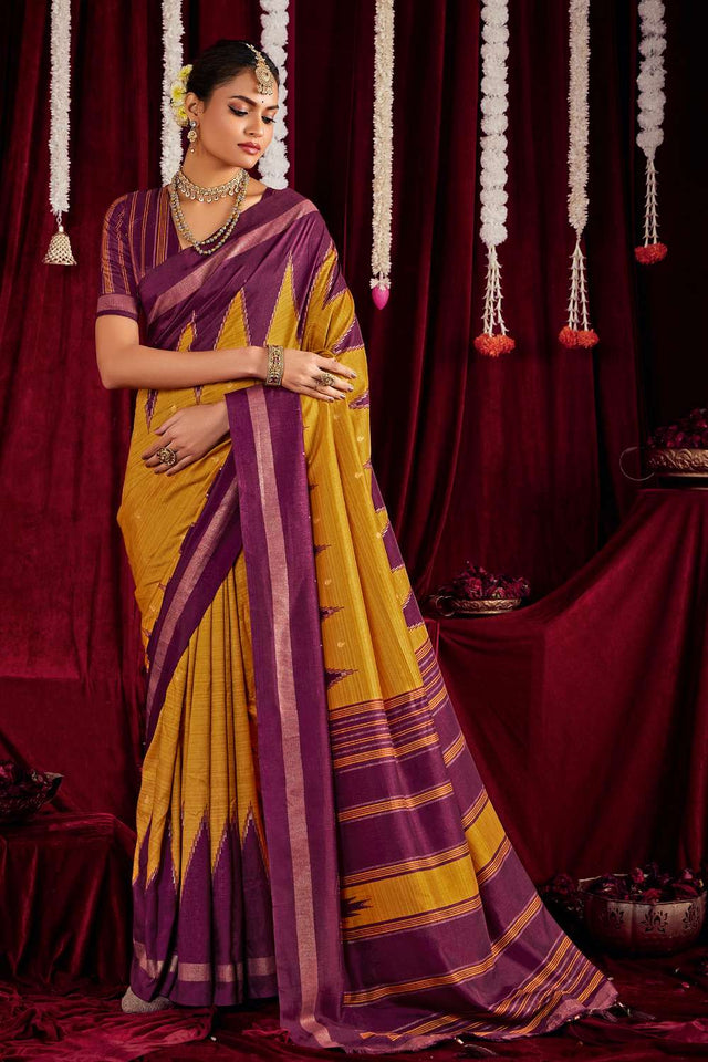 Mustard Zig Zag Printed Silk Saree