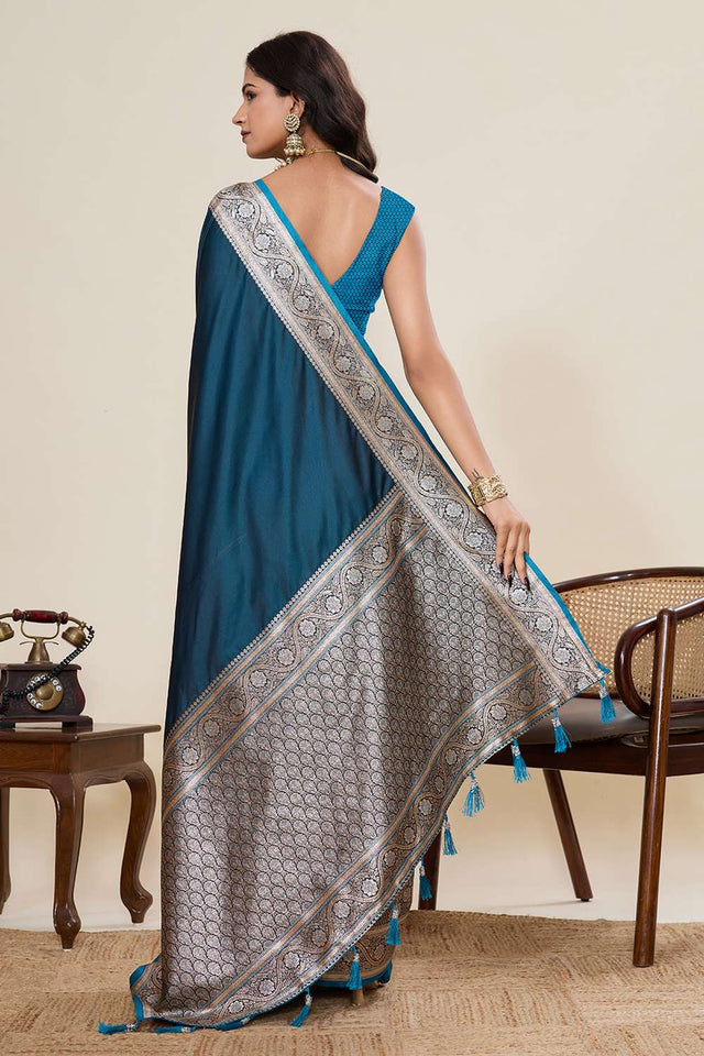 Turquoise Woven Satin Saree