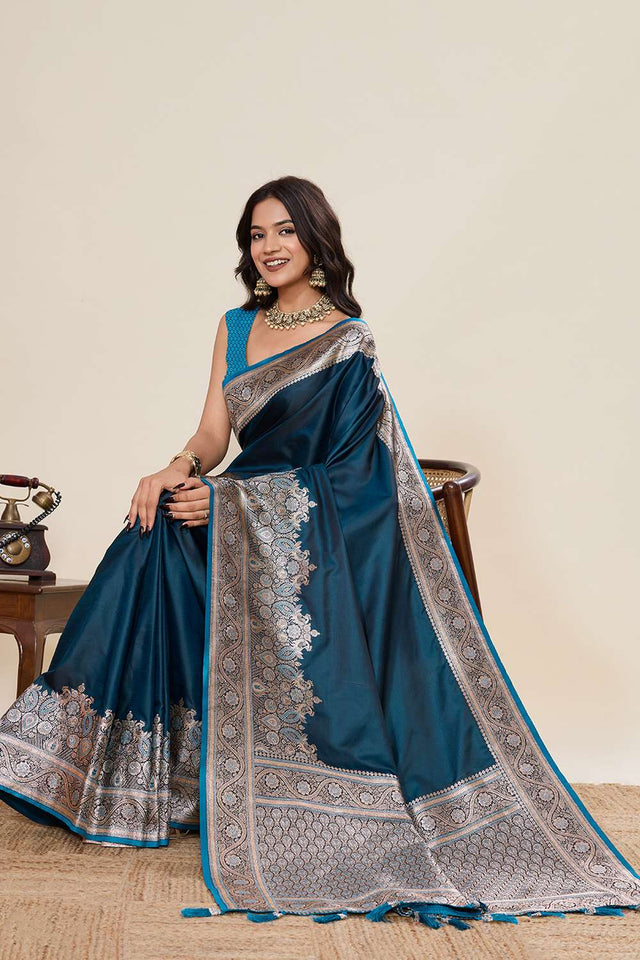 Turquoise Woven Satin Saree