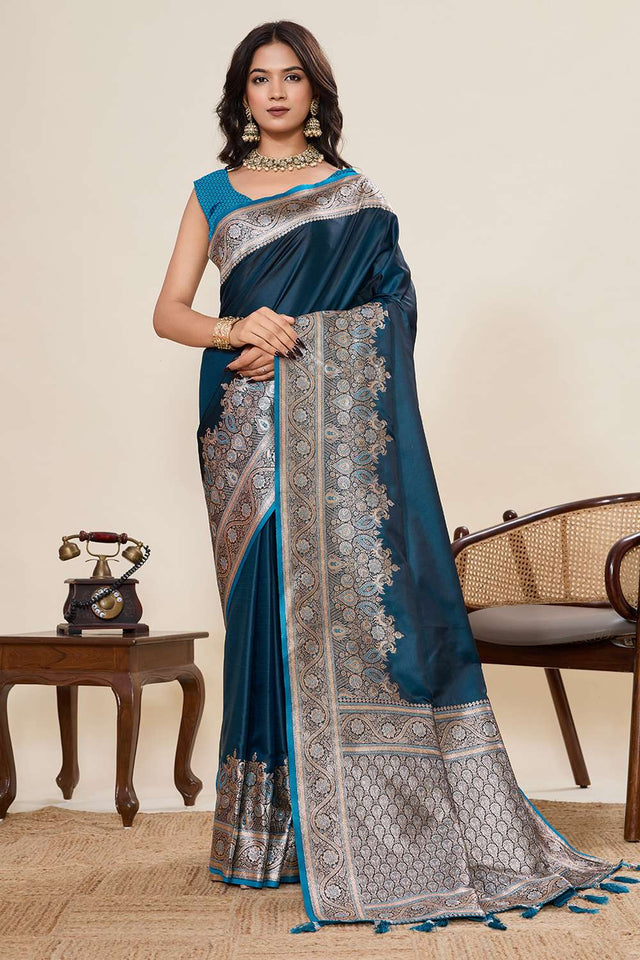 Turquoise Woven Satin Saree