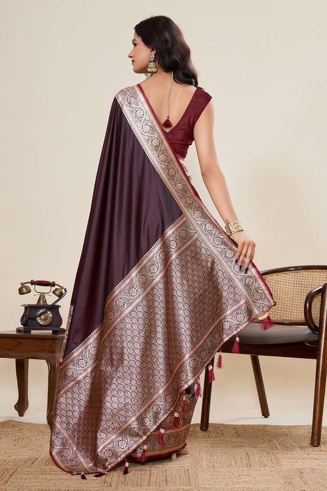 Wine Woven Satin Saree