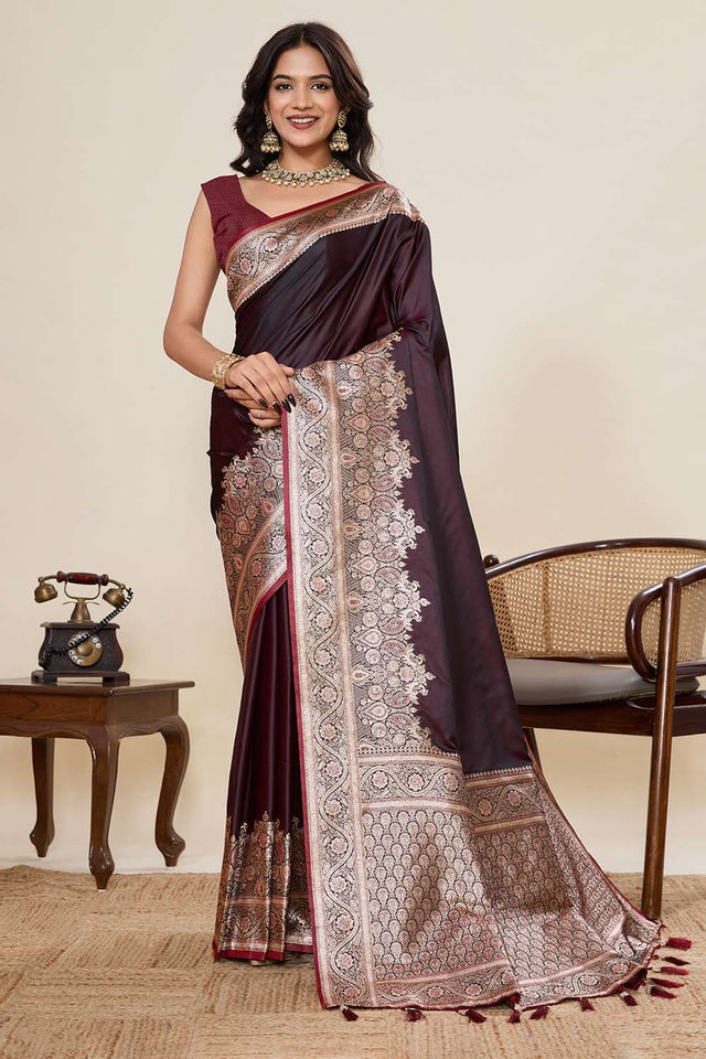 Wine Woven Satin Saree