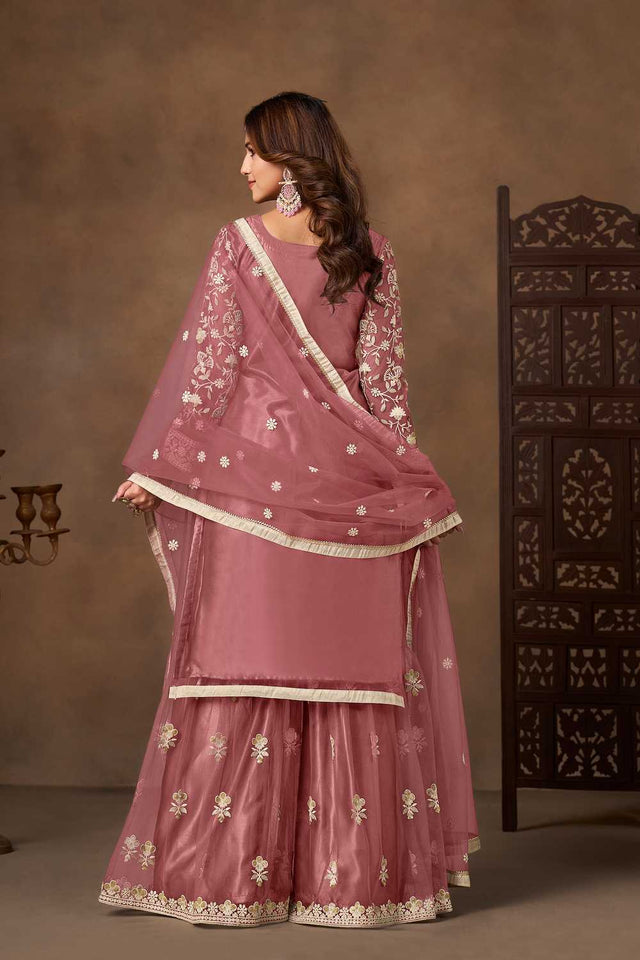 Pink Floral Embroidered Net Palazzo Suits (Blouse Semi-Stiched)
