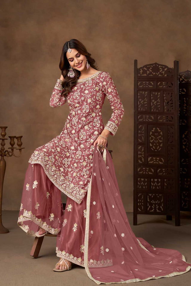 Pink Floral Embroidered Net Palazzo Suits (Blouse Semi-Stiched)