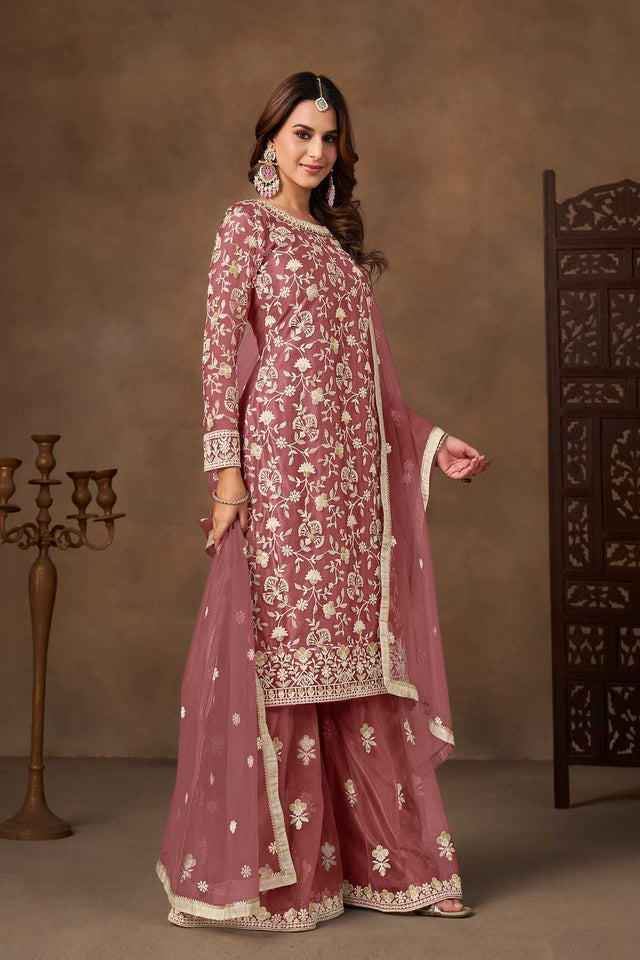 Pink Floral Embroidered Net Palazzo Suits (Blouse Semi-Stiched)