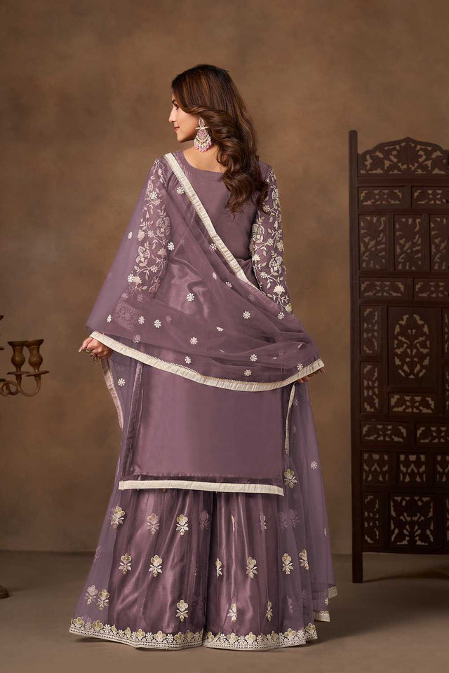 Lavender Floral Embroidered Net Palazzo Suits (Blouse Semi-Stiched)