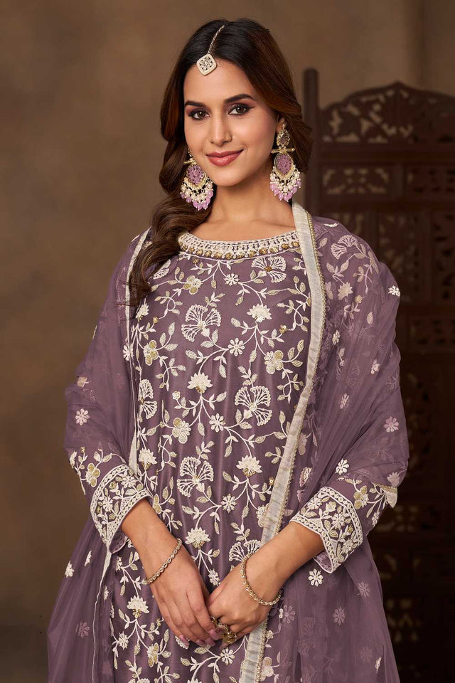 Lavender Floral Embroidered Net Palazzo Suits (Blouse Semi-Stiched)