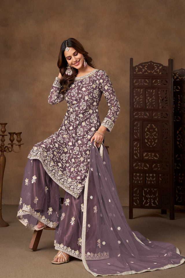 Lavender Floral Embroidered Net Palazzo Suits (Blouse Semi-Stiched)