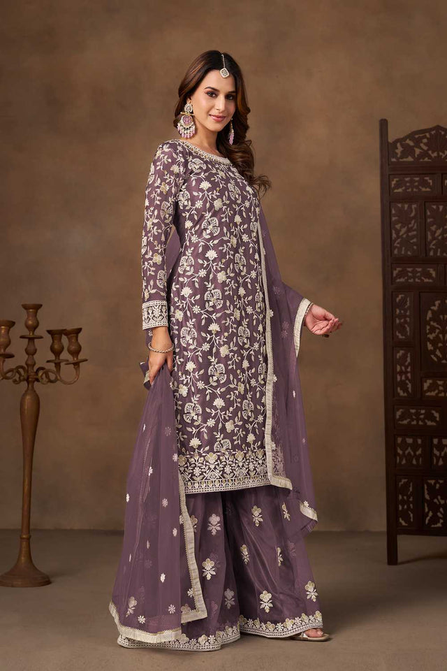 Lavender Floral Embroidered Net Palazzo Suits (Blouse Semi-Stiched)