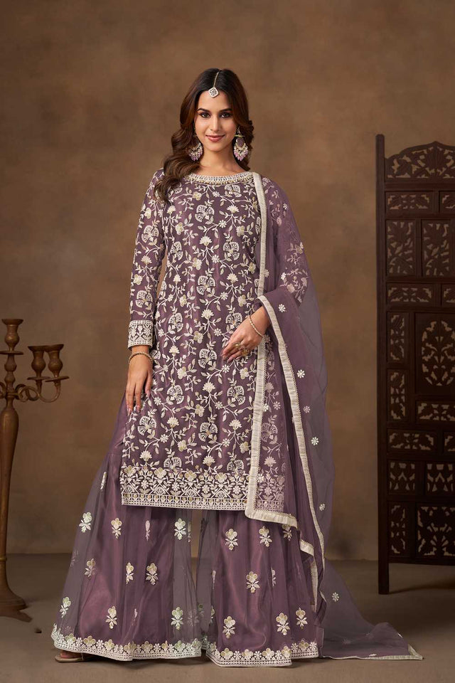 Lavender Floral Embroidered Net Palazzo Suits (Blouse Semi-Stiched)