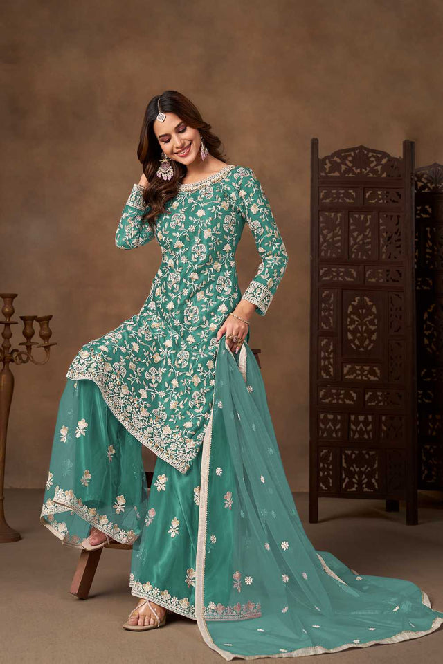 Sea Green Floral Embroidered Net Palazzo Suits (Blouse Semi-Stiched)
