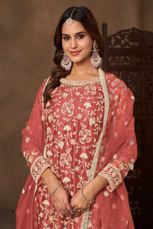 Peach Floral Embroidered Net Palazzo Suits (Blouse Semi-Stiched)