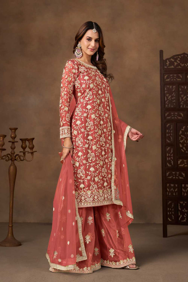 Peach Floral Embroidered Net Palazzo Suits (Blouse Semi-Stiched)