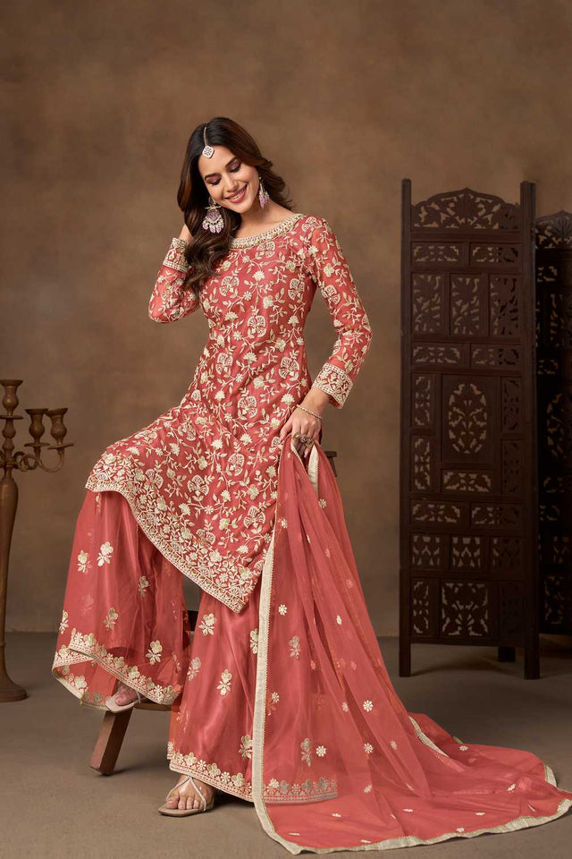 Peach Floral Embroidered Net Palazzo Suits (Blouse Semi-Stiched)