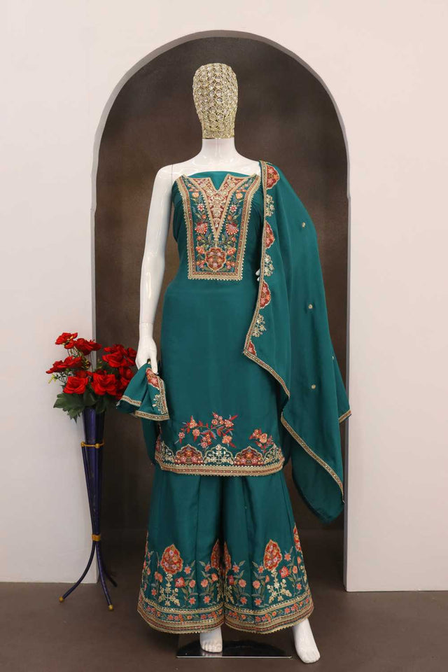 Turquoise Floral Embroidered Chinon Palazzo Suits (Blouse Semi-Stiched)