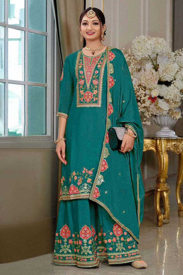 Turquoise Floral Embroidered Chinon Palazzo Suits (Blouse Semi-Stiched)