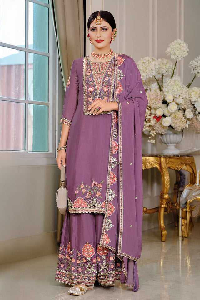 Violet Floral Embroidered Chinon Palazzo Suits