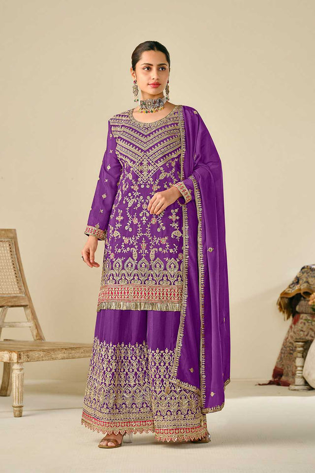 Violet Floral Embroidered Chinon Palazzo Suits